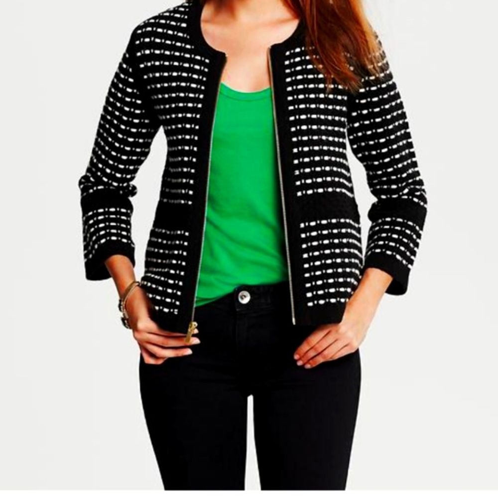 Banana Republic Knit Jacket Womens Black White Textured Full Zip Cardigan M